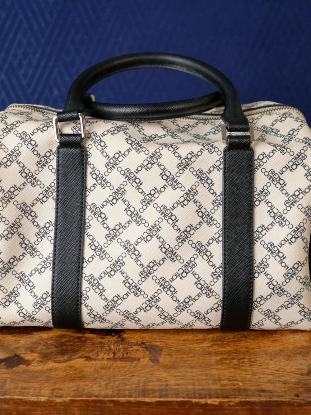 French Connection Satchel Bag Cream Black Logo Monogram Bowler Crossbody